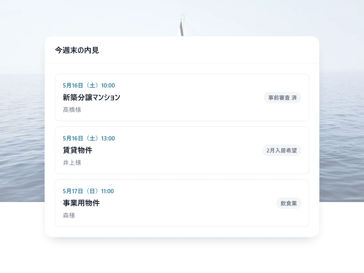 事前の回答が揃った週末の内見予定の一覧画面
