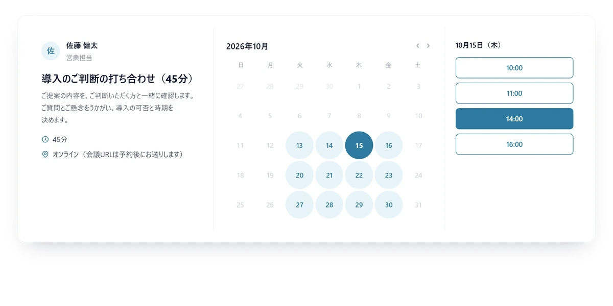 営業担当の「導入のご判断の打ち合わせ（45分・オンライン）」の予約ページで、10月15日14時を選んでいる画面